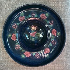 Susan deMay Signed ‘Floral’ Blue, Pink & Green 2-Piece Ceramic Chip & Dip Set